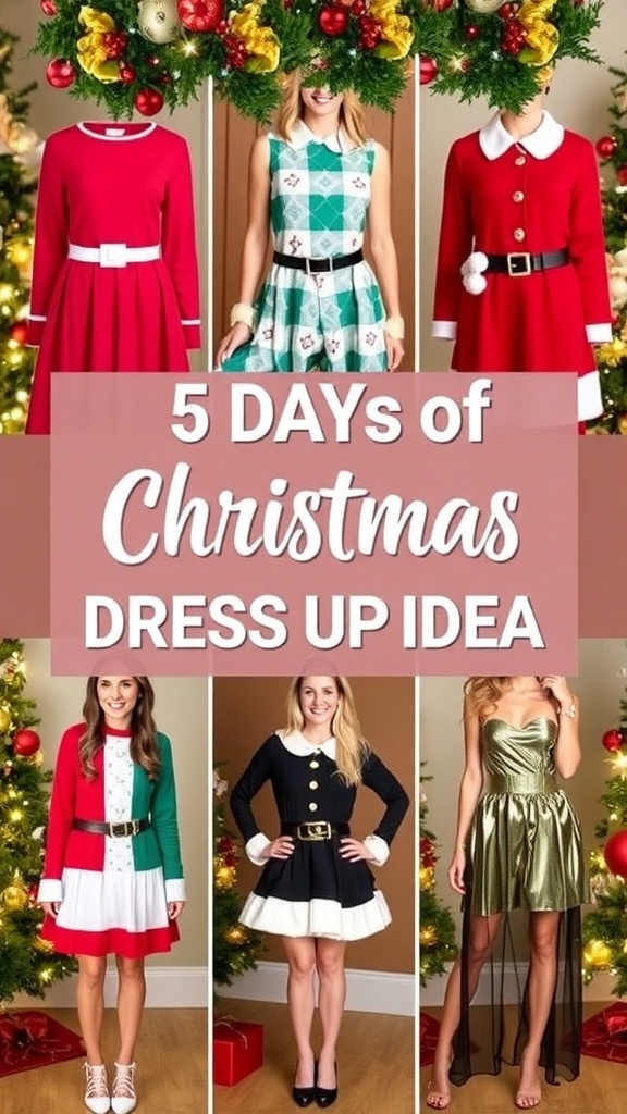 Collage of 5 Christmas dress-up ideas featuring festive outfits for each day.